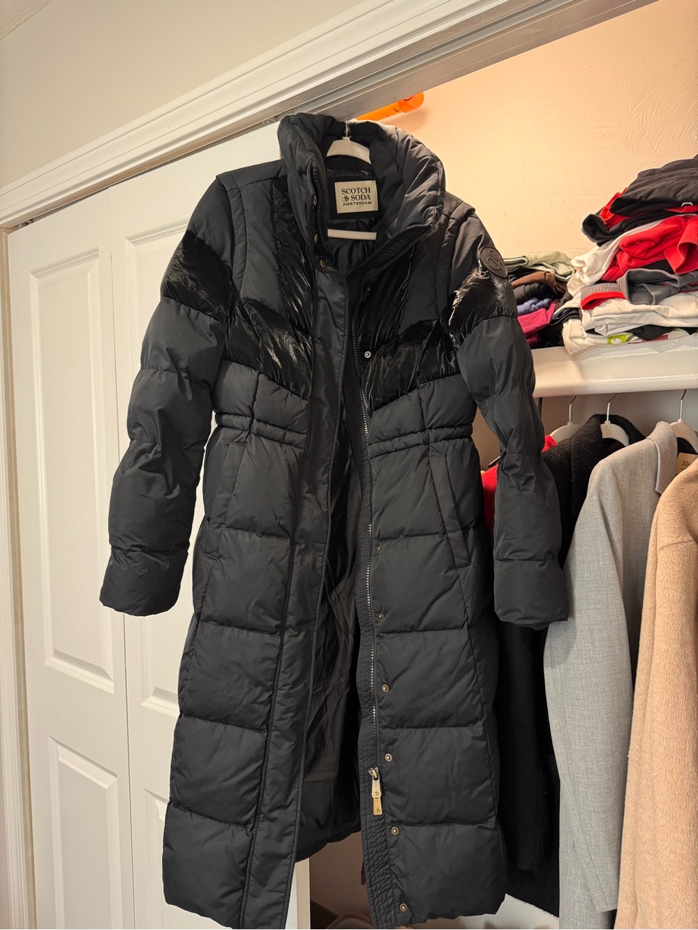 Scotch & Soda Black Long Quilted Puffer Coat with Gloss Chevron Panels